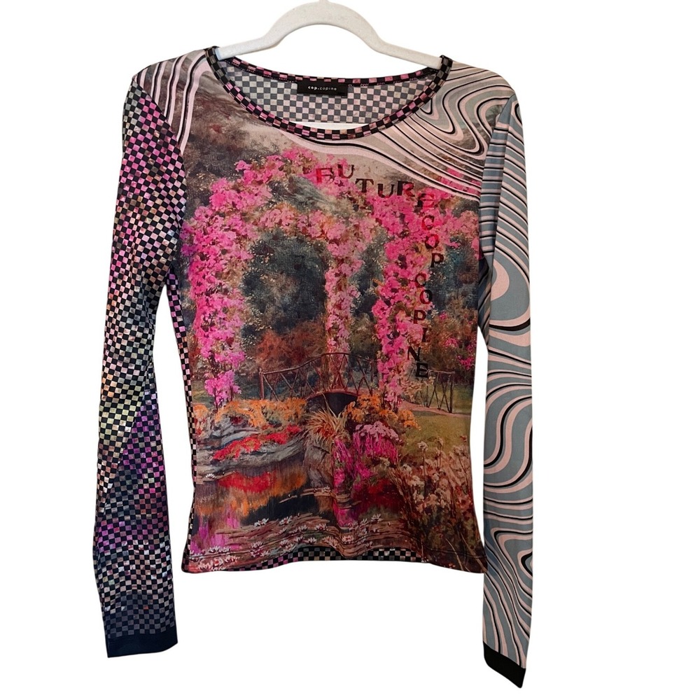 Cop Copine Chekpoint Mesh Top Size S Mixed Print Long Sleeve‎ Y2k Avant Garde